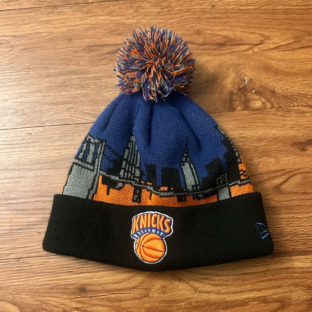 New Era Blue and Orange Knicks Pom-Pom Beanie
